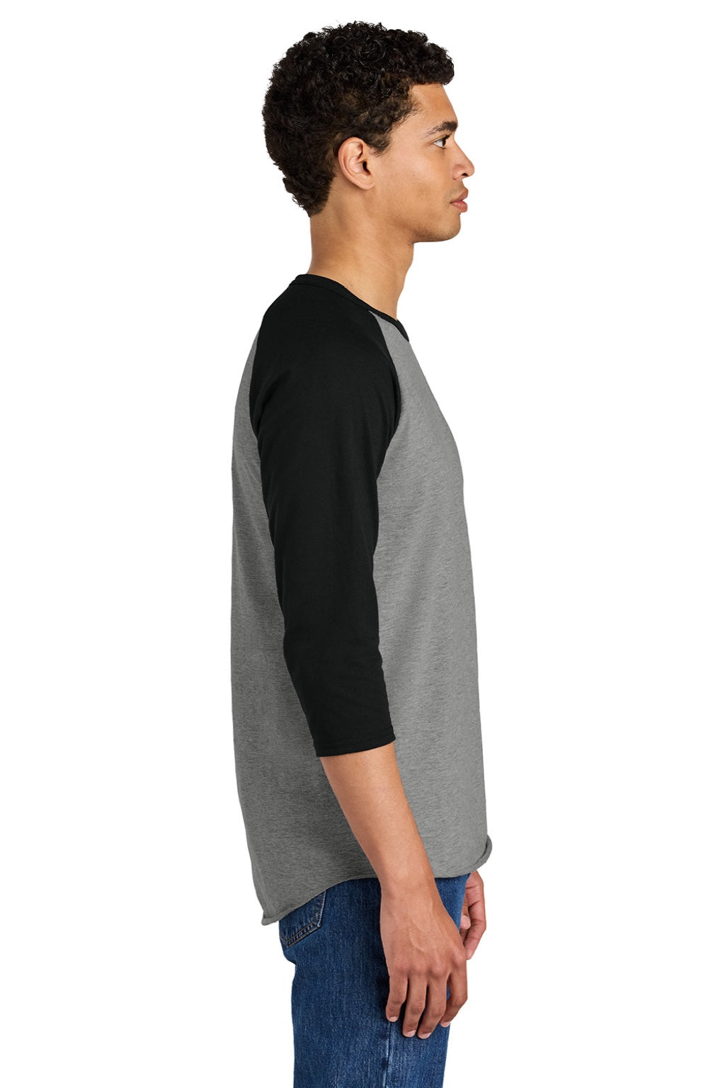 Jerzees 560RR Mens Premium Blend Baseball Moisture Wicking 3/4 Sleeve Crewneck T-Shirt Oxford Grey/Ink Black Model Side