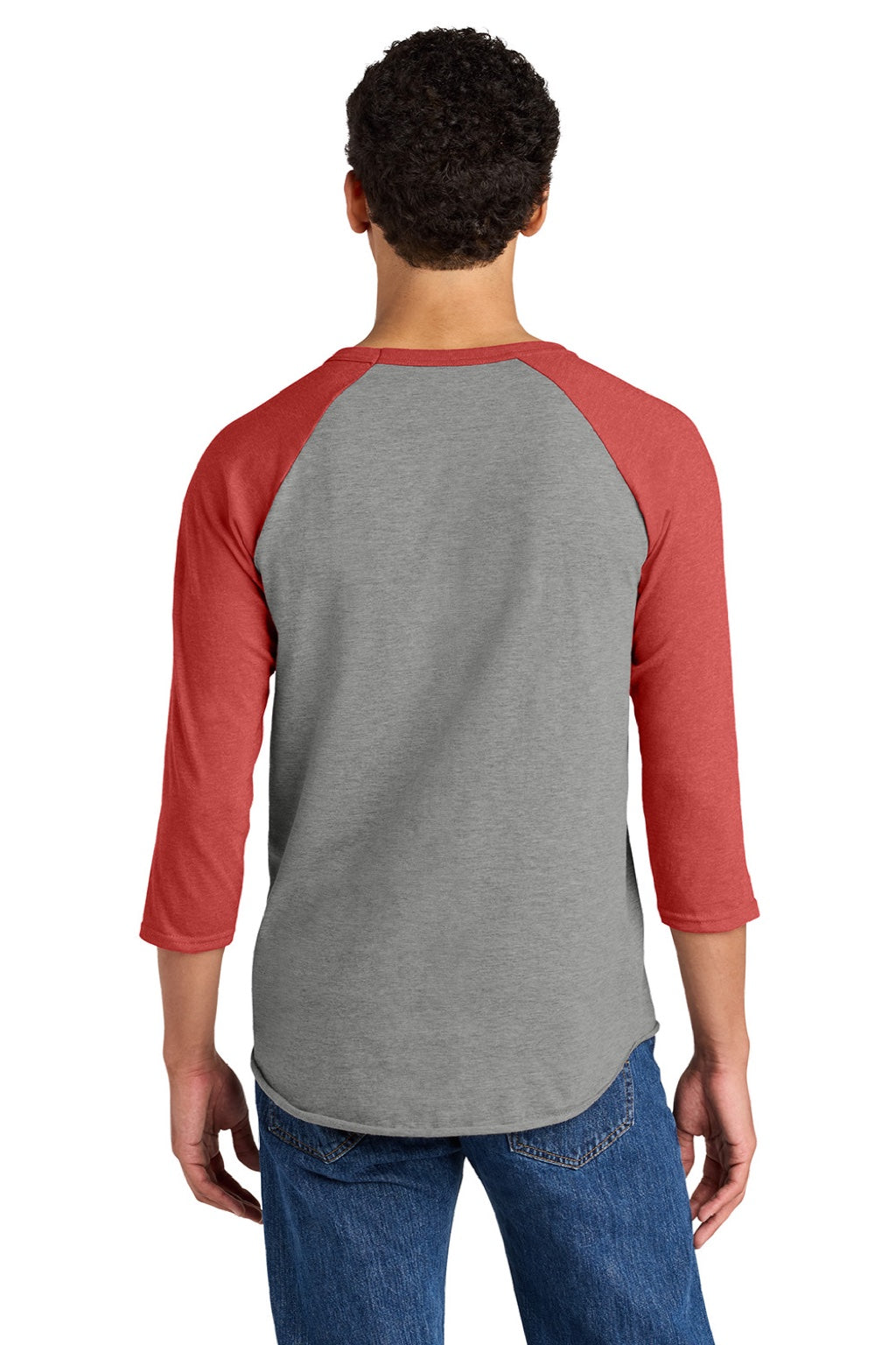 Jerzees 560RR Mens Premium Blend Baseball Moisture Wicking 3/4 Sleeve Crewneck T-Shirt Oxford Grey/Heather Fiery Red Model Back