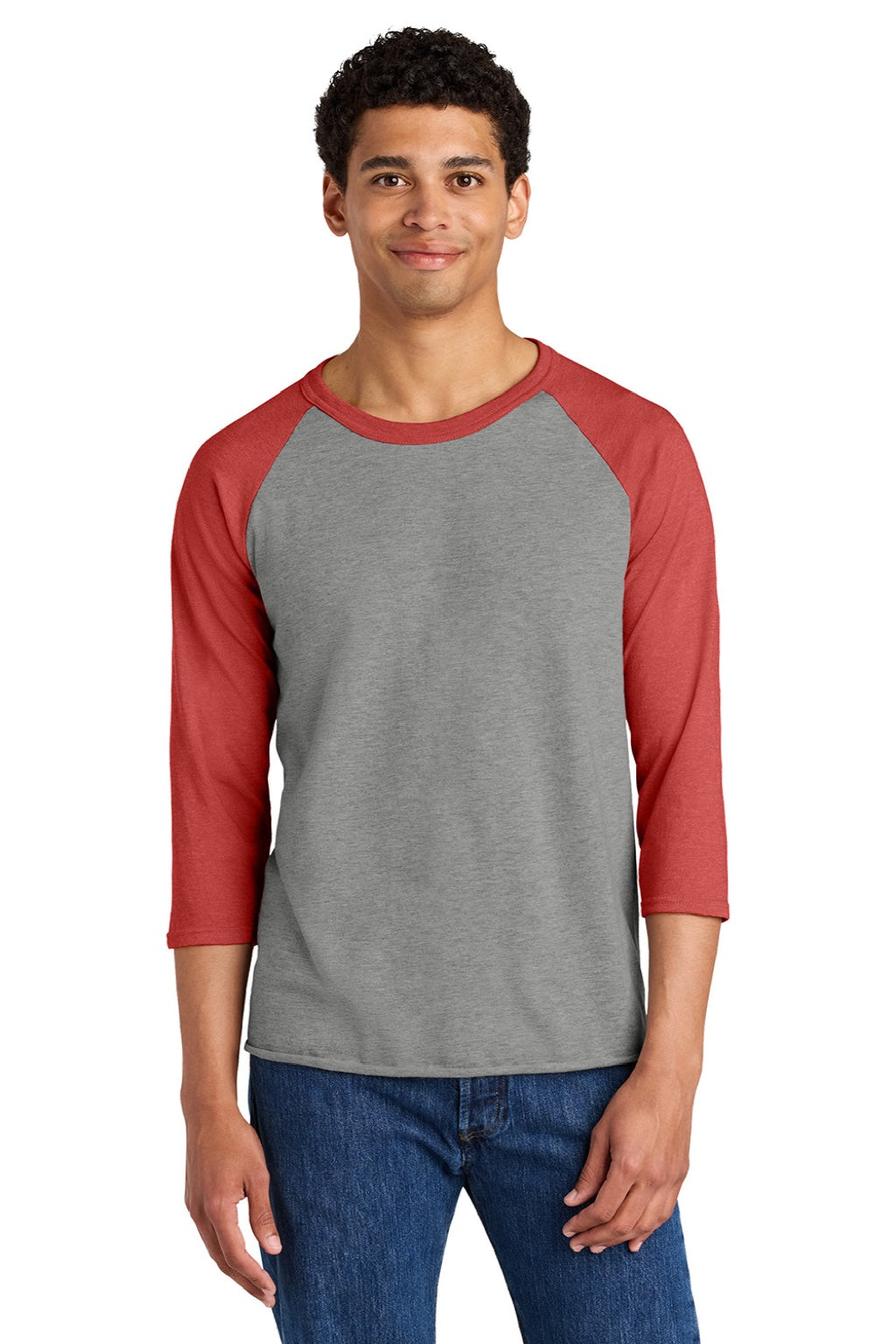 Jerzees 560RR Mens Premium Blend Baseball Moisture Wicking 3/4 Sleeve Crewneck T-Shirt Oxford Grey/Heather Fiery Red Model Front