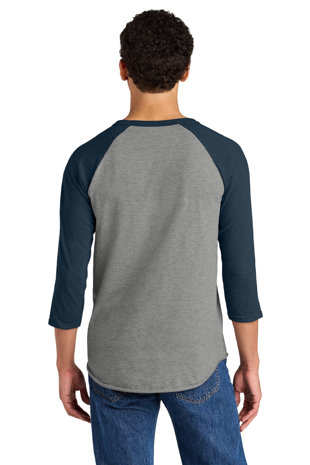 Jerzees 560RR Mens Premium Blend Baseball Moisture Wicking 3/4 Sleeve Crewneck T-Shirt Oxford Grey/Heather Indigo Blue Model Back