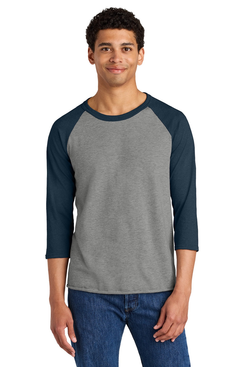 Jerzees 560RR Mens Premium Blend Baseball Moisture Wicking 3/4 Sleeve Crewneck T-Shirt Oxford Grey/Heather Indigo Blue Model Front