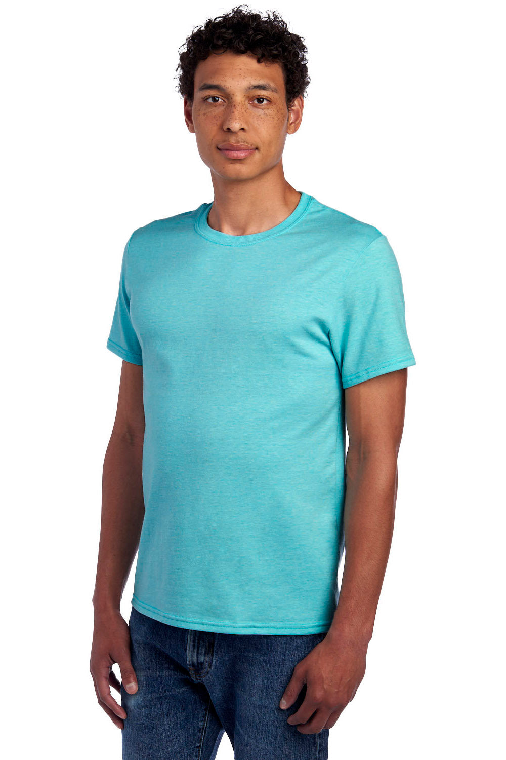 Jerzees 560MR/560M Mens Premium Blend Moisture Wicking Short Sleeve Crewneck T-Shirt Heather Aqua Model Side