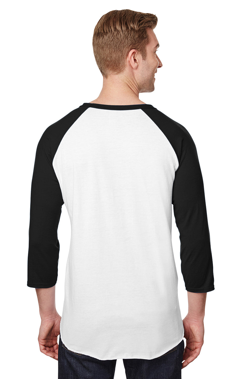 Jerzees 560RR Mens Premium Blend Baseball Moisture Wicking 3/4 Sleeve Crewneck T-Shirt White/Black Model Back