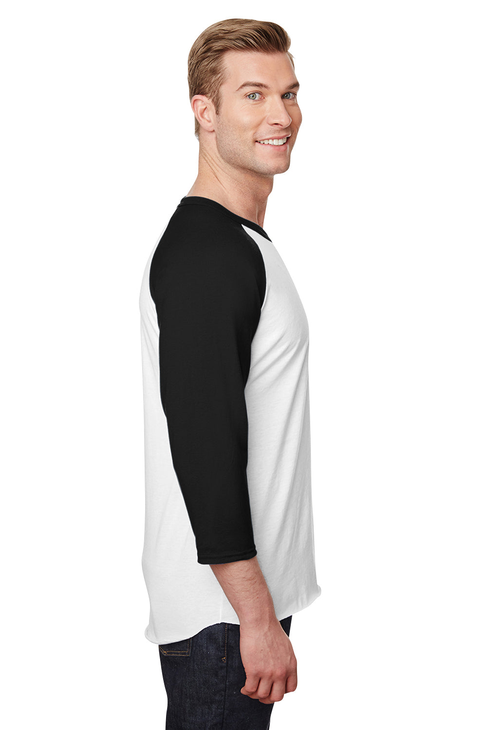 Jerzees 560RR Mens Premium Blend Baseball Moisture Wicking 3/4 Sleeve Crewneck T-Shirt White/Black Model Side