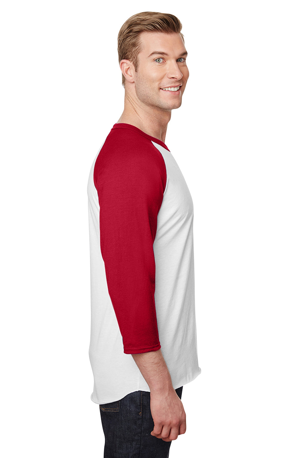 Jerzees 560RR Mens Premium Blend Baseball Moisture Wicking 3/4 Sleeve Crewneck T-Shirt White/True Red Model Side