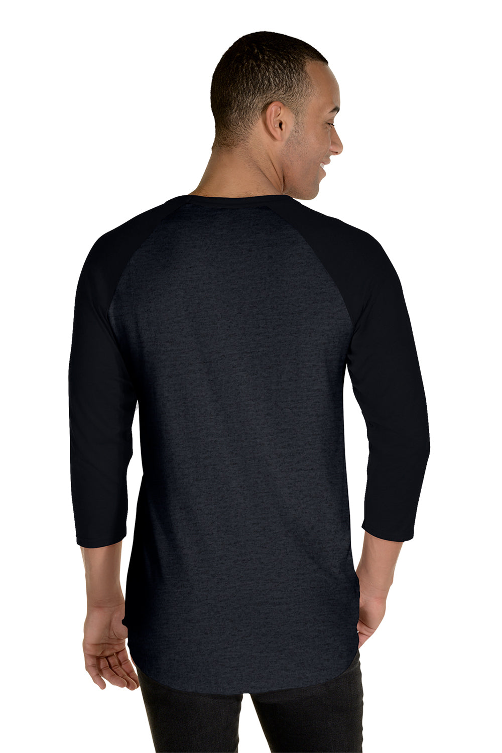 Jerzees 560RR Mens Premium Blend Baseball Moisture Wicking 3/4 Sleeve Crewneck T-Shirt Heather Black/Black Model Back