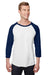 Jerzees 560RR Mens Premium Blend Baseball Moisture Wicking 3/4 Sleeve Crewneck T-Shirt White/Navy Blue Model Front