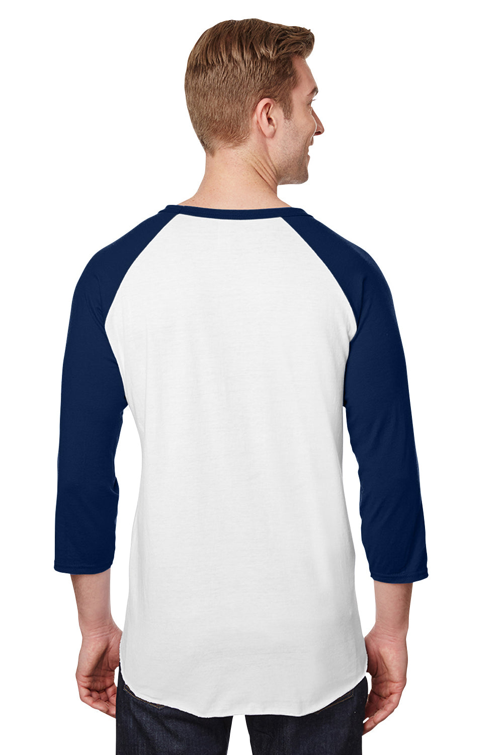 Jerzees 560RR Mens Premium Blend Baseball Moisture Wicking 3/4 Sleeve Crewneck T-Shirt White/Navy Blue Model Back