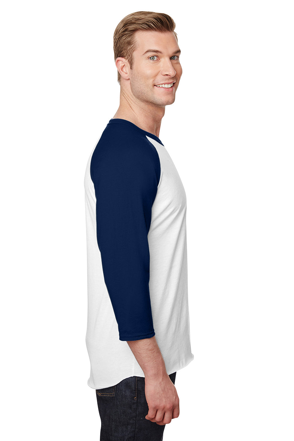 Jerzees 560RR Mens Premium Blend Baseball Moisture Wicking 3/4 Sleeve Crewneck T-Shirt White/Navy Blue Model Side