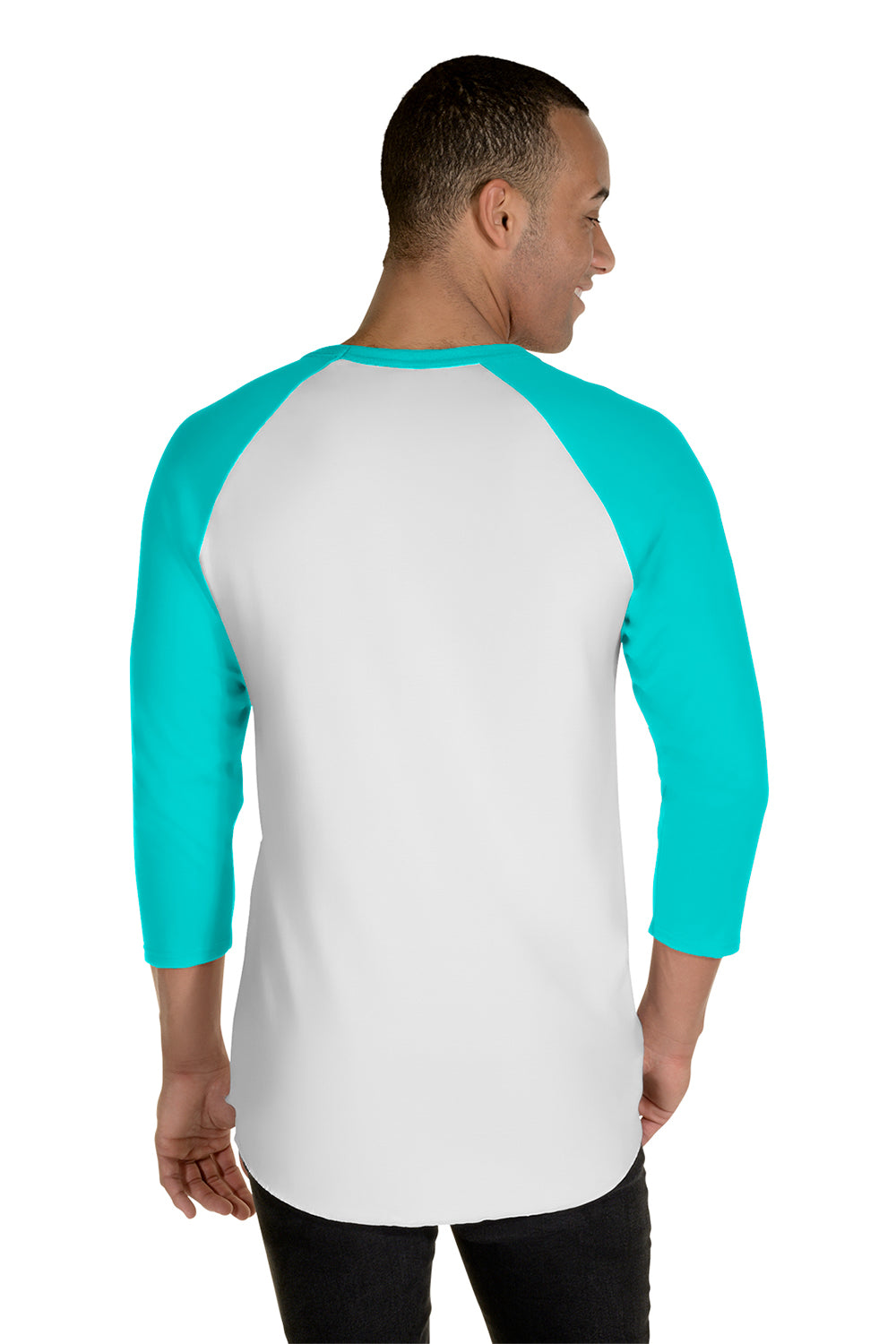 Jerzees 560RR Mens Premium Blend Baseball Moisture Wicking 3/4 Sleeve Crewneck T-Shirt White/Scuba Blue Model Back