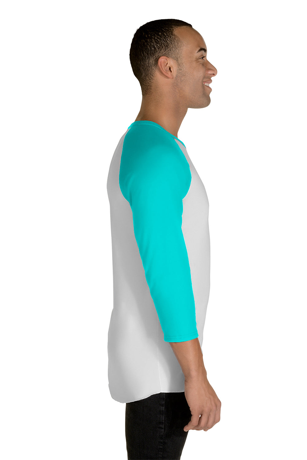 Jerzees 560RR Mens Premium Blend Baseball Moisture Wicking 3/4 Sleeve Crewneck T-Shirt White/Scuba Blue Model Side