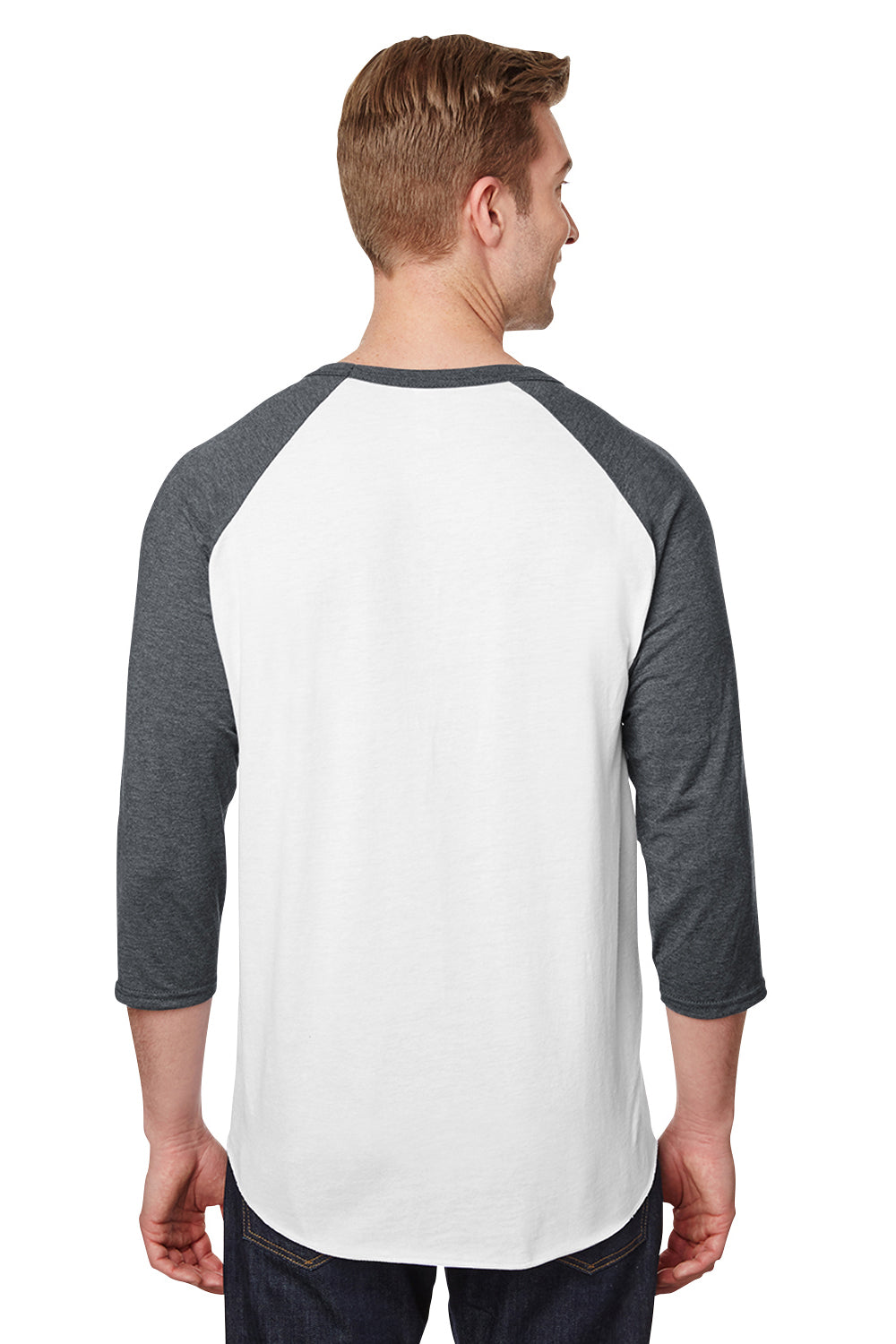 Jerzees 560RR Mens Premium Blend Baseball Moisture Wicking 3/4 Sleeve Crewneck T-Shirt White/Heather Charcoal Grey Model Back