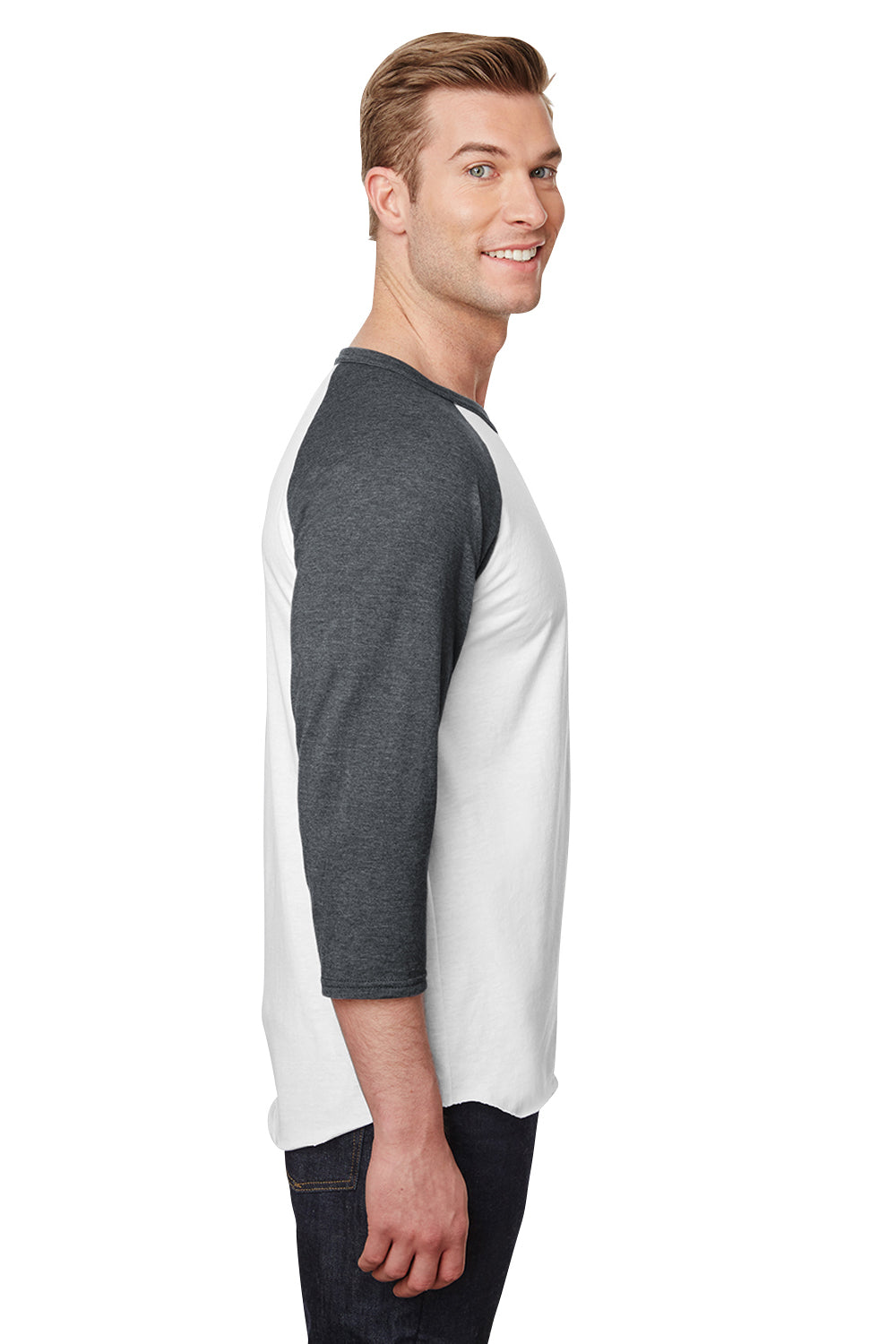 Jerzees 560RR Mens Premium Blend Baseball Moisture Wicking 3/4 Sleeve Crewneck T-Shirt White/Heather Charcoal Grey Model Side