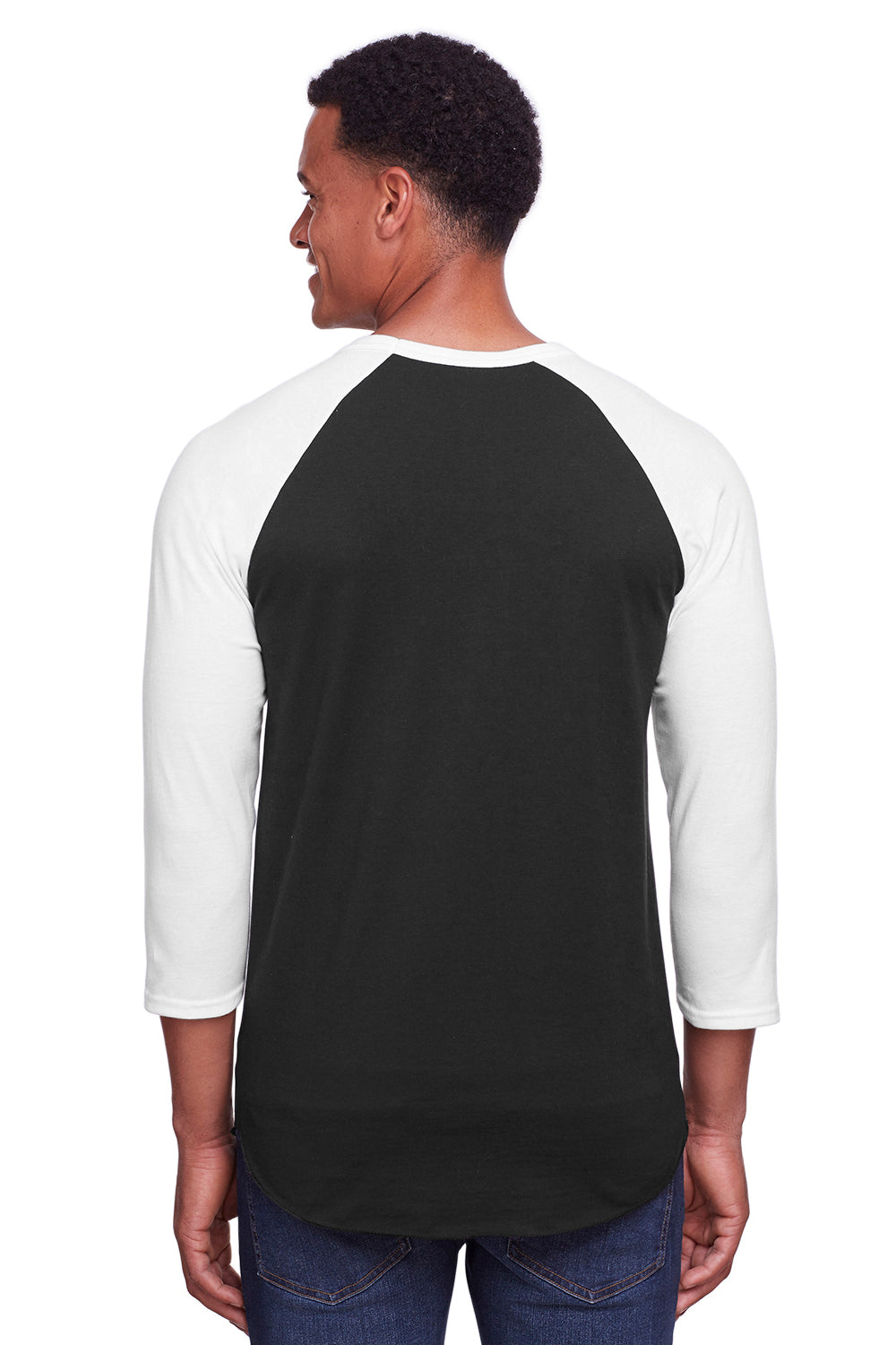 Jerzees 560RR Mens Premium Blend Baseball Moisture Wicking 3/4 Sleeve Crewneck T-Shirt Black/White Model Back