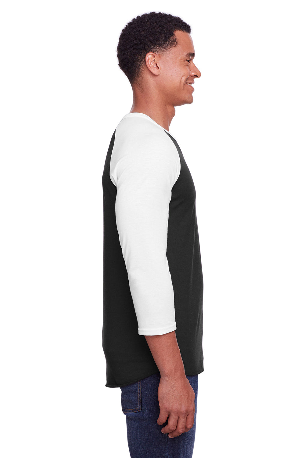 Jerzees 560RR Mens Premium Blend Baseball Moisture Wicking 3/4 Sleeve Crewneck T-Shirt Black/White Model Side