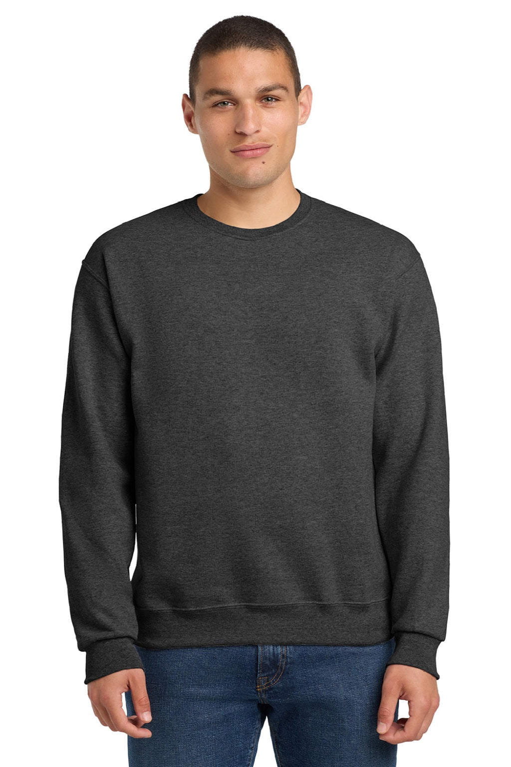 Jerzees 562M/562MR Mens NuBlend Fleece Crewneck Sweatshirt Heather Black Model Front