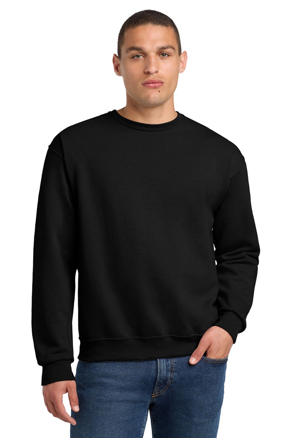 Jerzees 562M/562MR Mens NuBlend Fleece Crewneck Sweatshirt Black Model Front