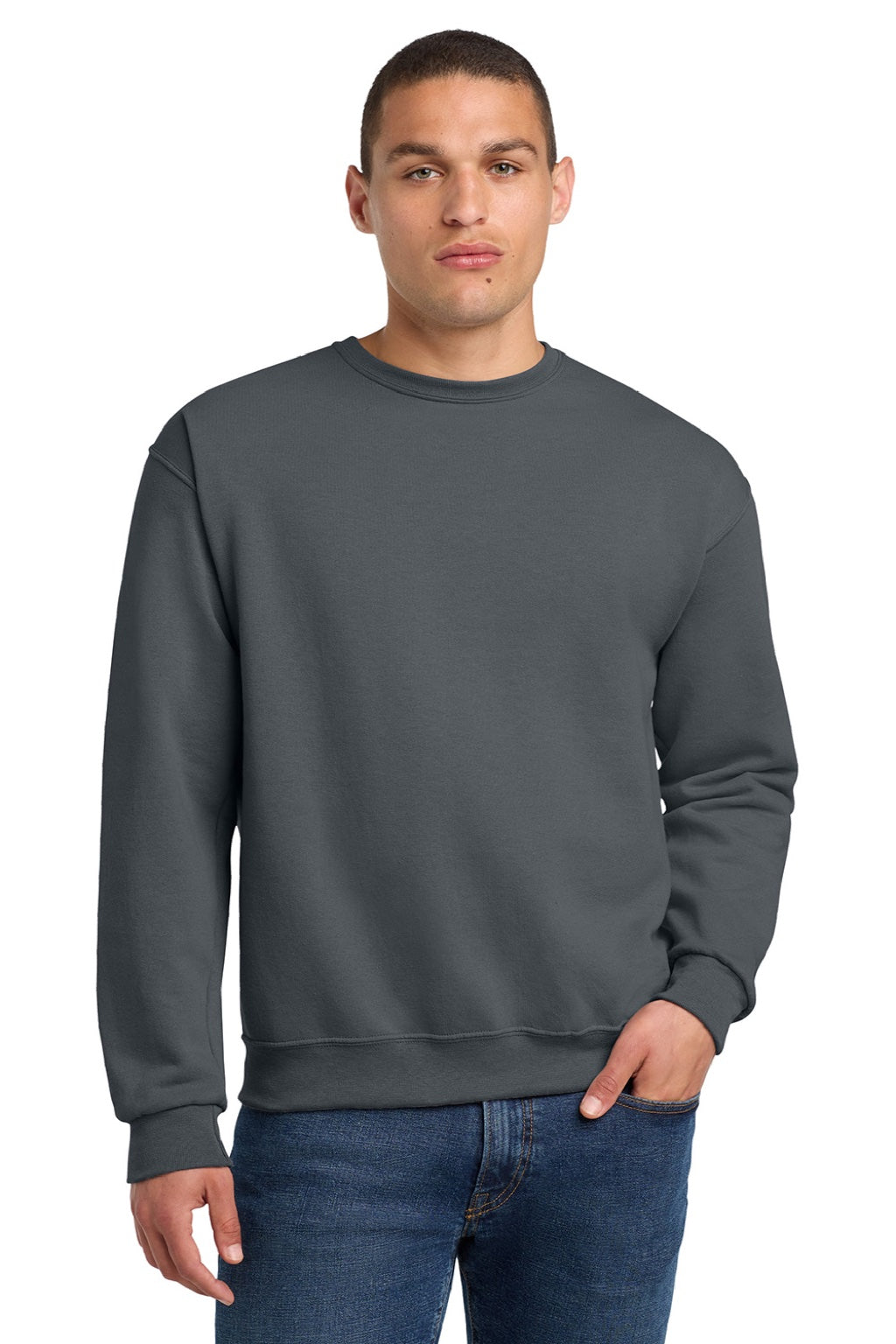 Jerzees 562M/562MR Mens NuBlend Fleece Crewneck Sweatshirt Charcoal Grey Model Front