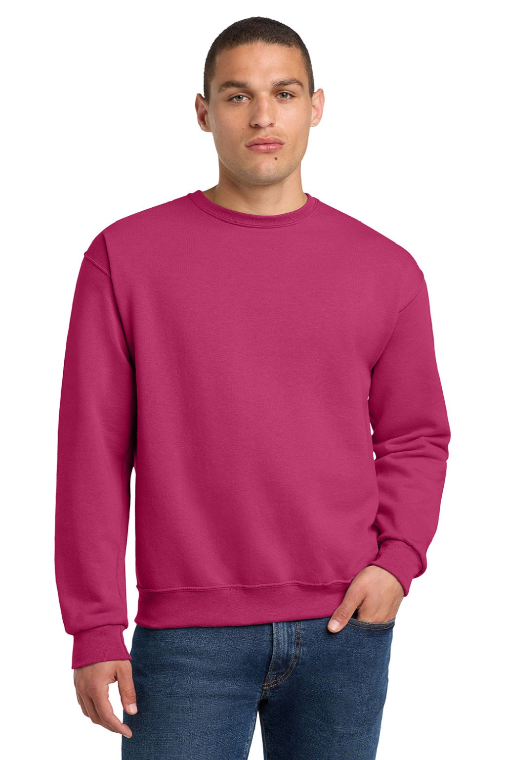 Jerzees 562M/562MR Mens NuBlend Fleece Crewneck Sweatshirt Cyber Pink Model Front