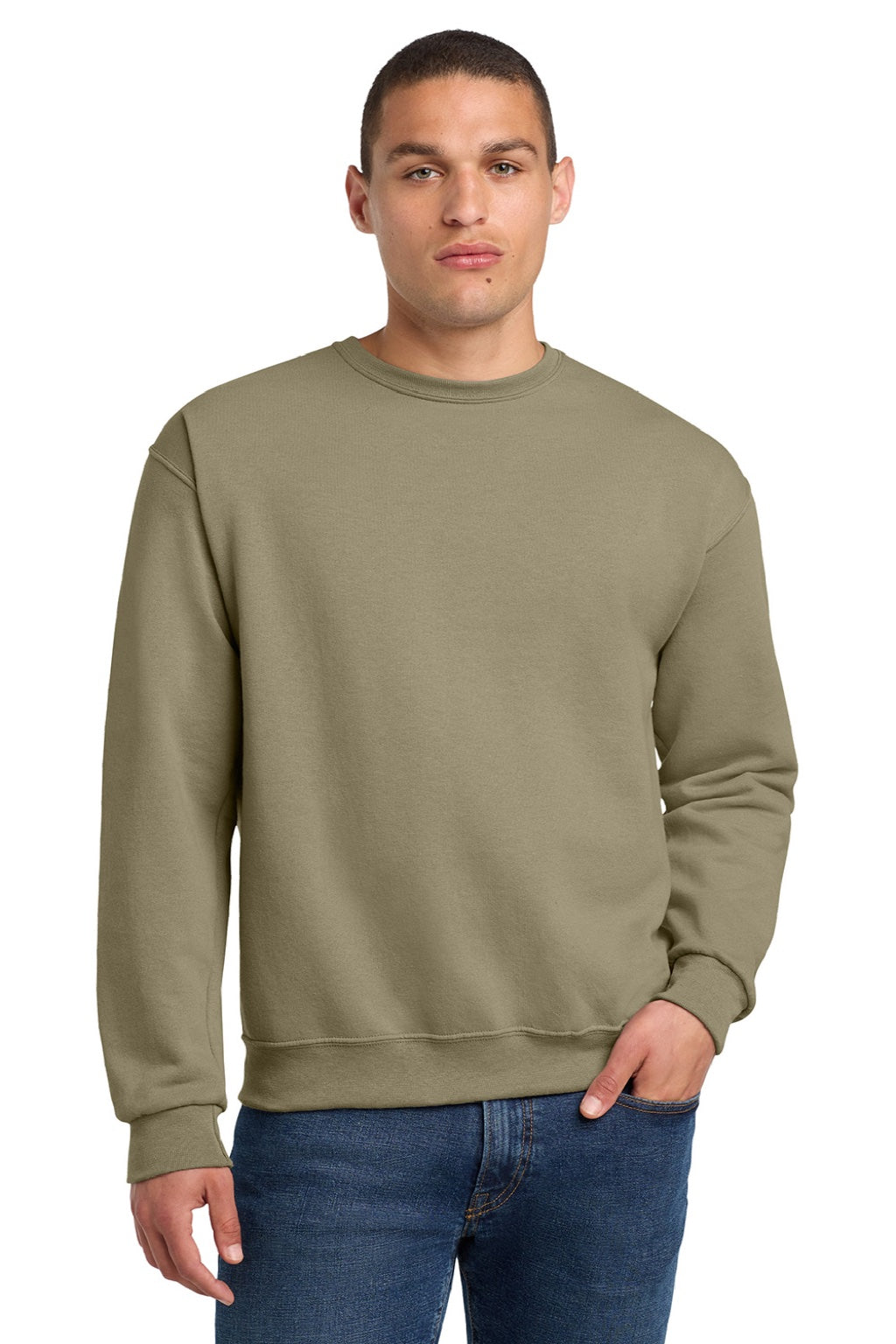 Jerzees 562M/562MR Mens NuBlend Fleece Crewneck Sweatshirt Khaki Brown Model Front