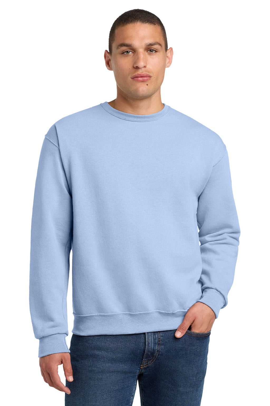 Jerzees 562M/562MR Mens NuBlend Fleece Crewneck Sweatshirt Light Blue Model Front