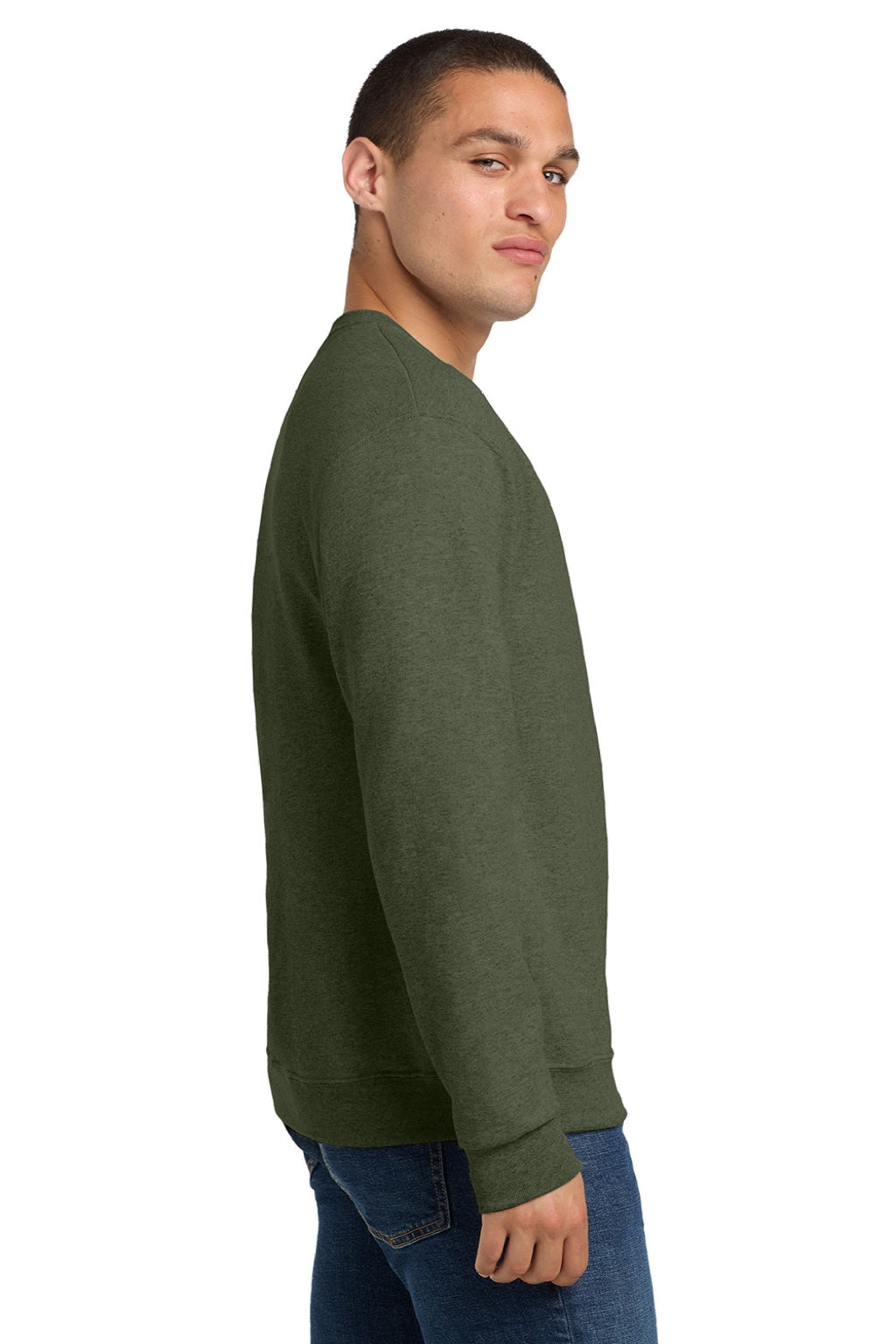 Jerzees 562M/562MR Mens NuBlend Fleece Crewneck Sweatshirt Heather Military Green Model Side