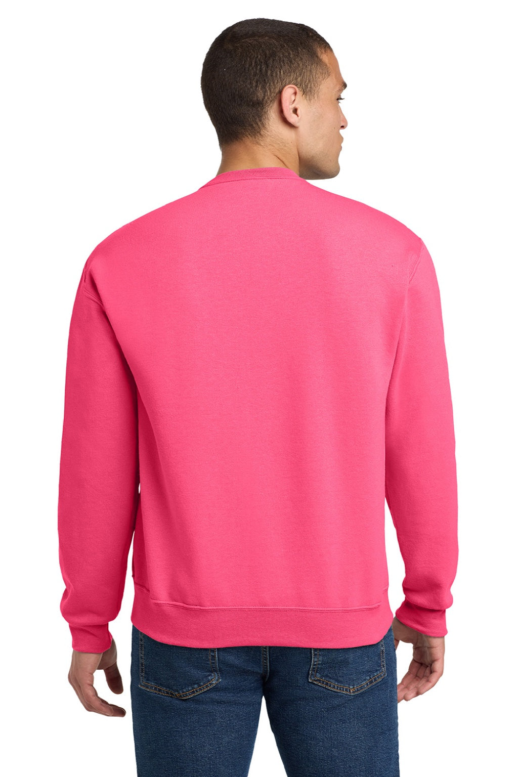 Jerzees 562M/562MR Mens NuBlend Fleece Crewneck Sweatshirt Neon Pink Model Back