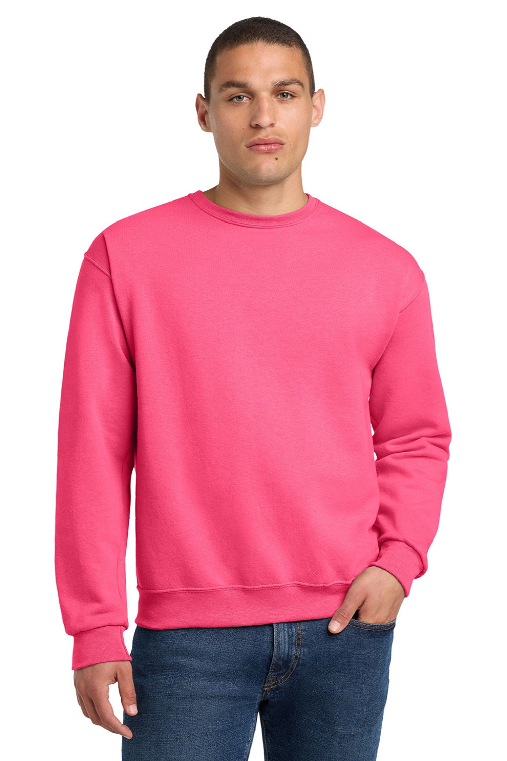 Jerzees 562M/562MR Mens NuBlend Fleece Crewneck Sweatshirt Neon Pink Model Front