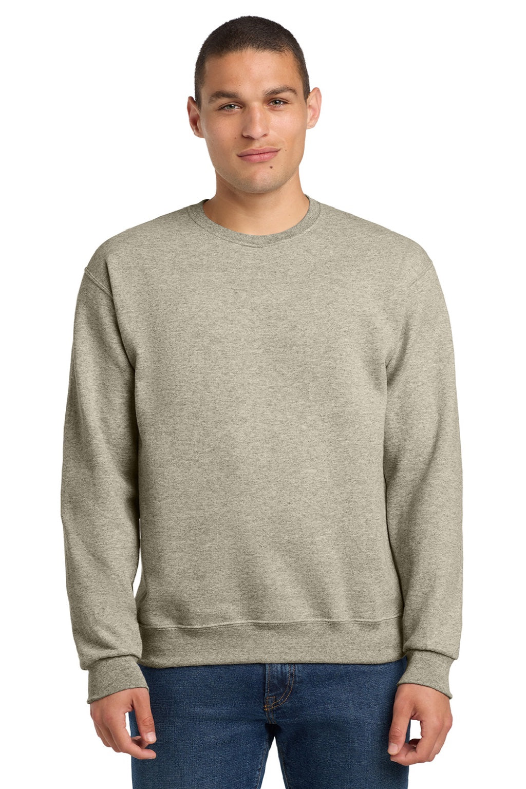 Jerzees 562M/562MR Mens NuBlend Fleece Crewneck Sweatshirt Heather Oatmeal Model Front