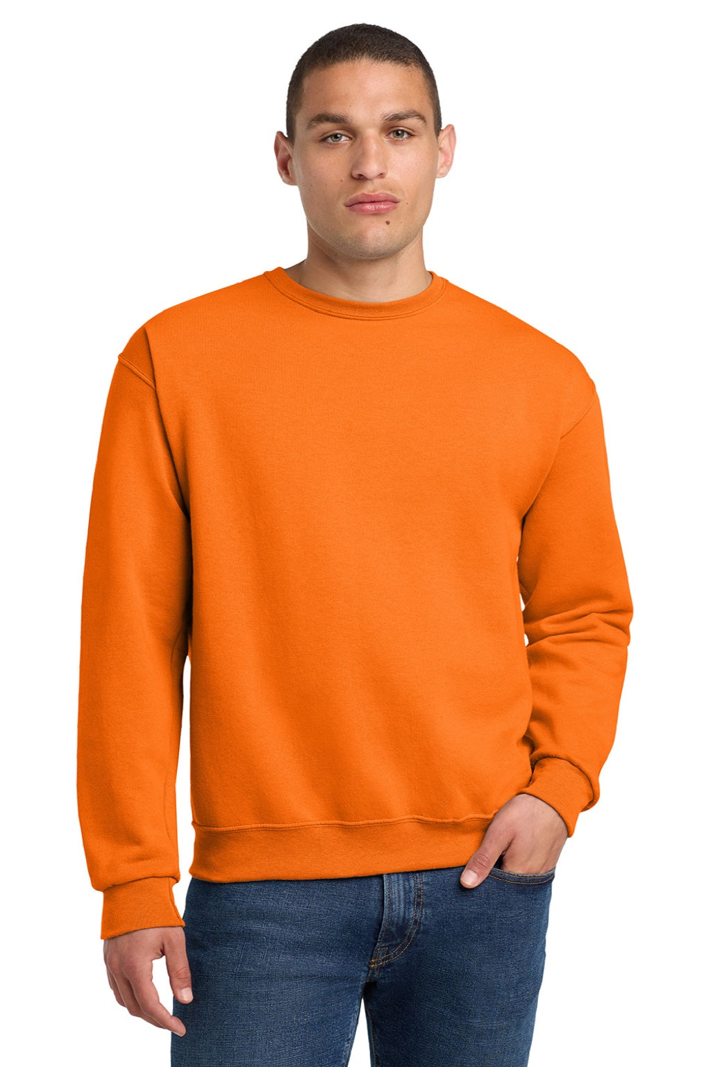 Jerzees 562M/562MR Mens NuBlend Fleece Crewneck Sweatshirt Safety Orange Model Front