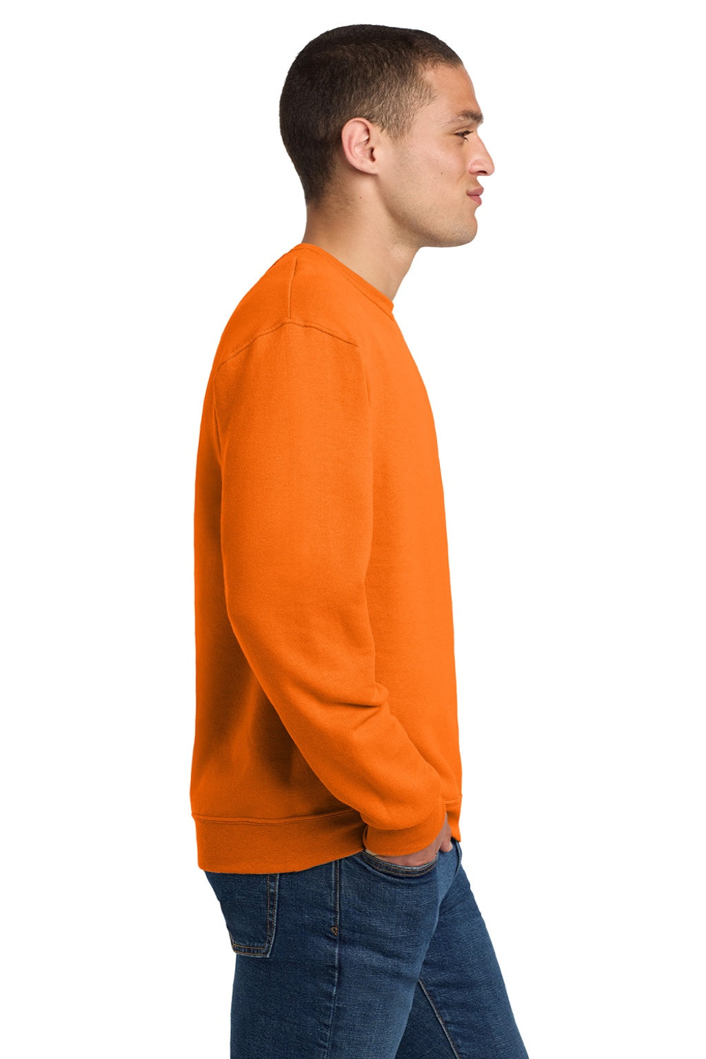 Jerzees 562M/562MR Mens NuBlend Fleece Crewneck Sweatshirt Safety Orange Model Side