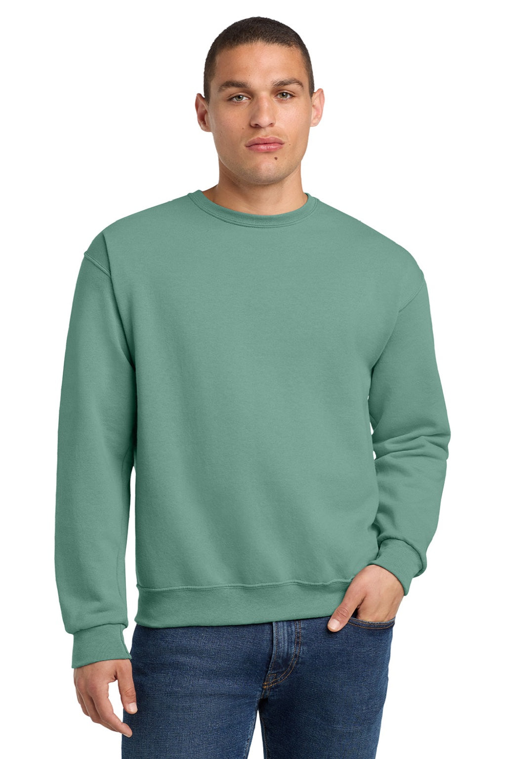 Jerzees 562M/562MR Mens NuBlend Fleece Crewneck Sweatshirt Sage Green Model Front