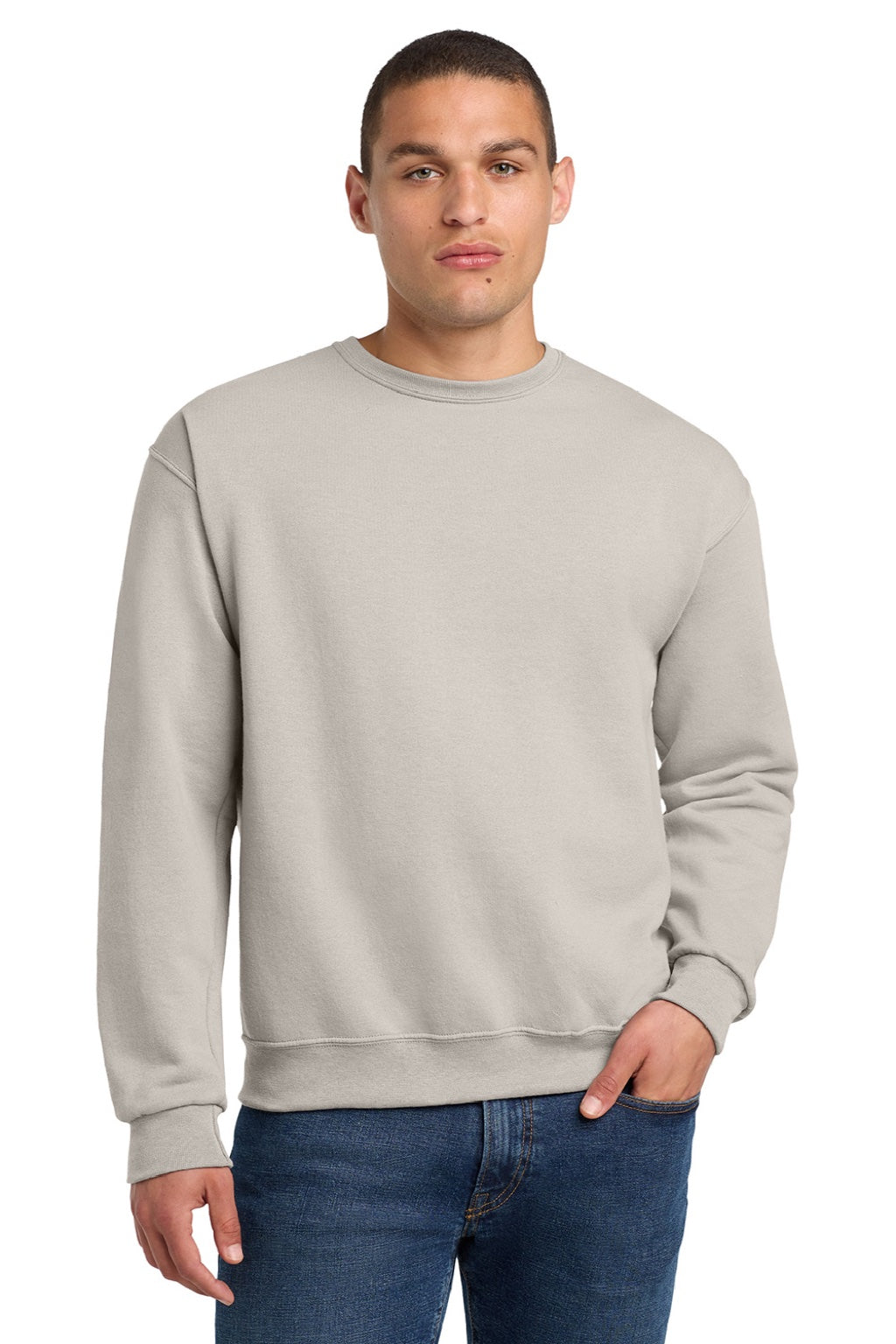 Jerzees 562M/562MR Mens NuBlend Fleece Crewneck Sweatshirt Sandstone Brown Model Front