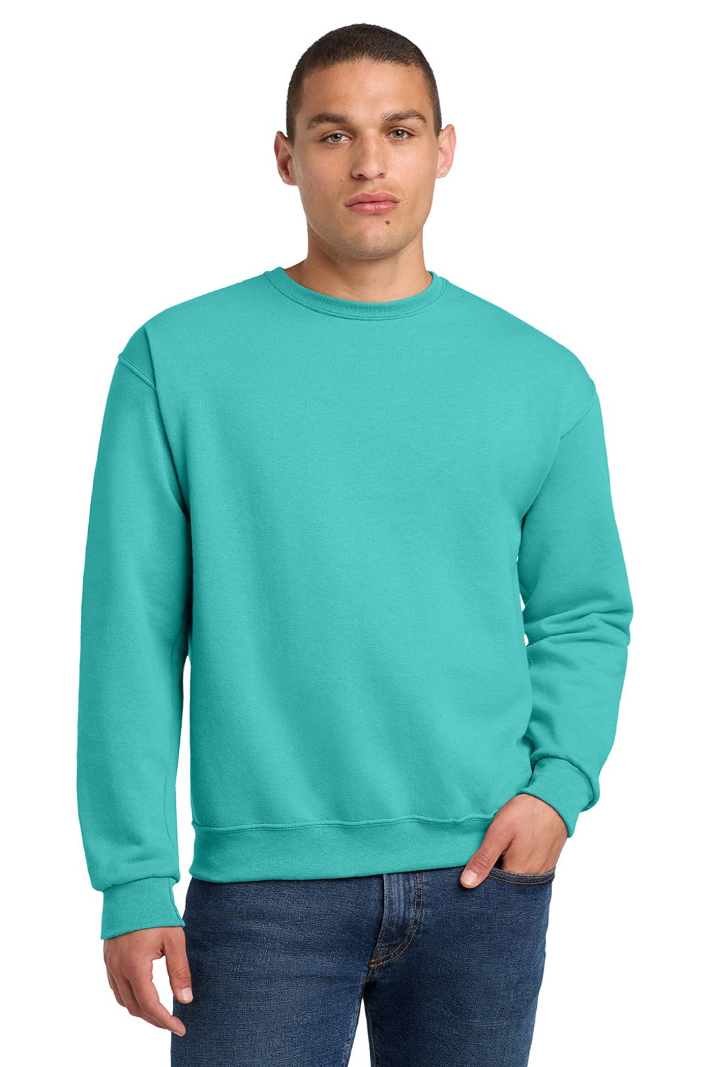 Jerzees 562M/562MR Mens NuBlend Fleece Crewneck Sweatshirt Scuba Blue Model Front