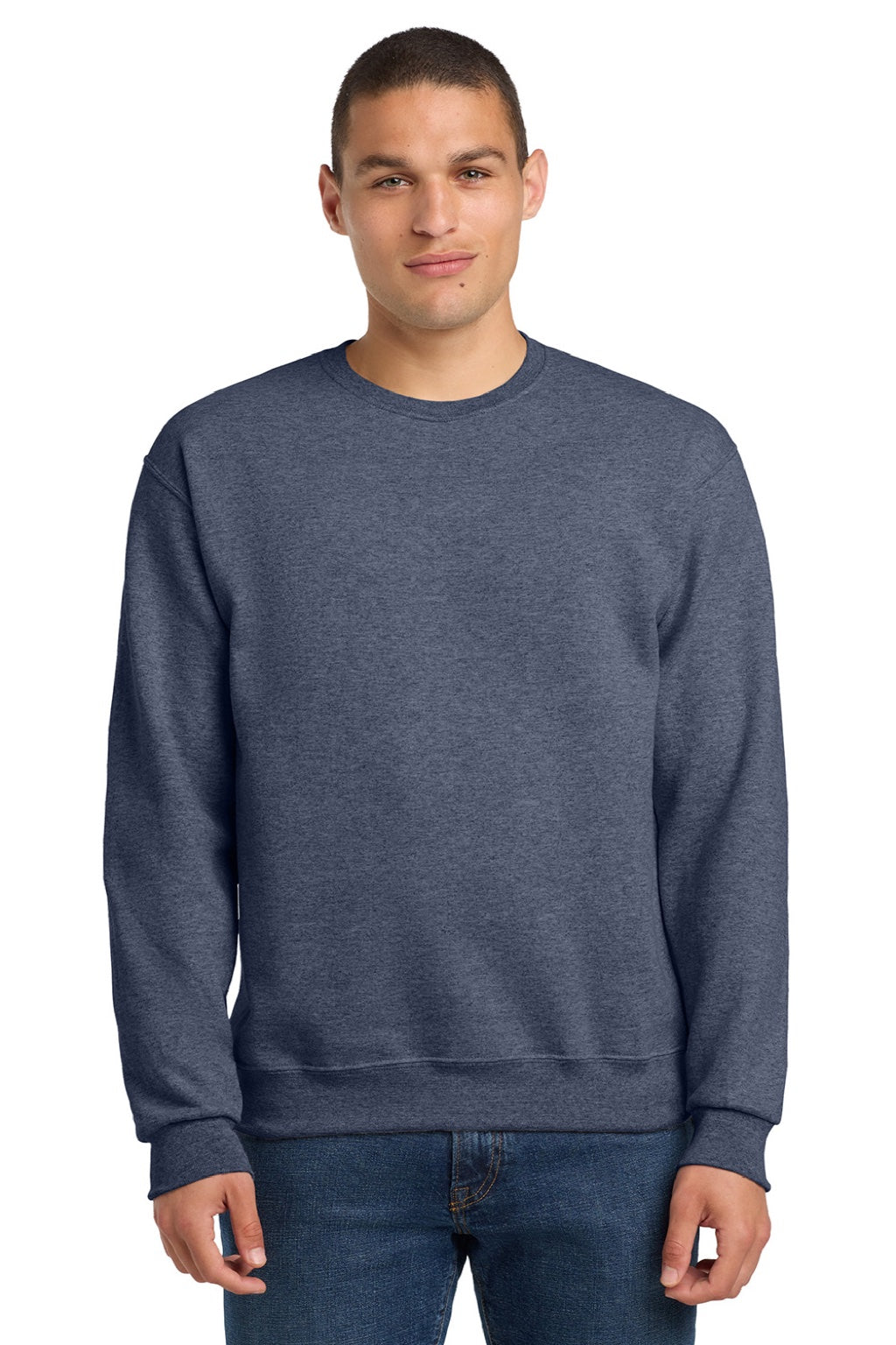 Jerzees 562M/562MR Mens NuBlend Fleece Crewneck Sweatshirt Vintage Heather Navy Blue Model Front
