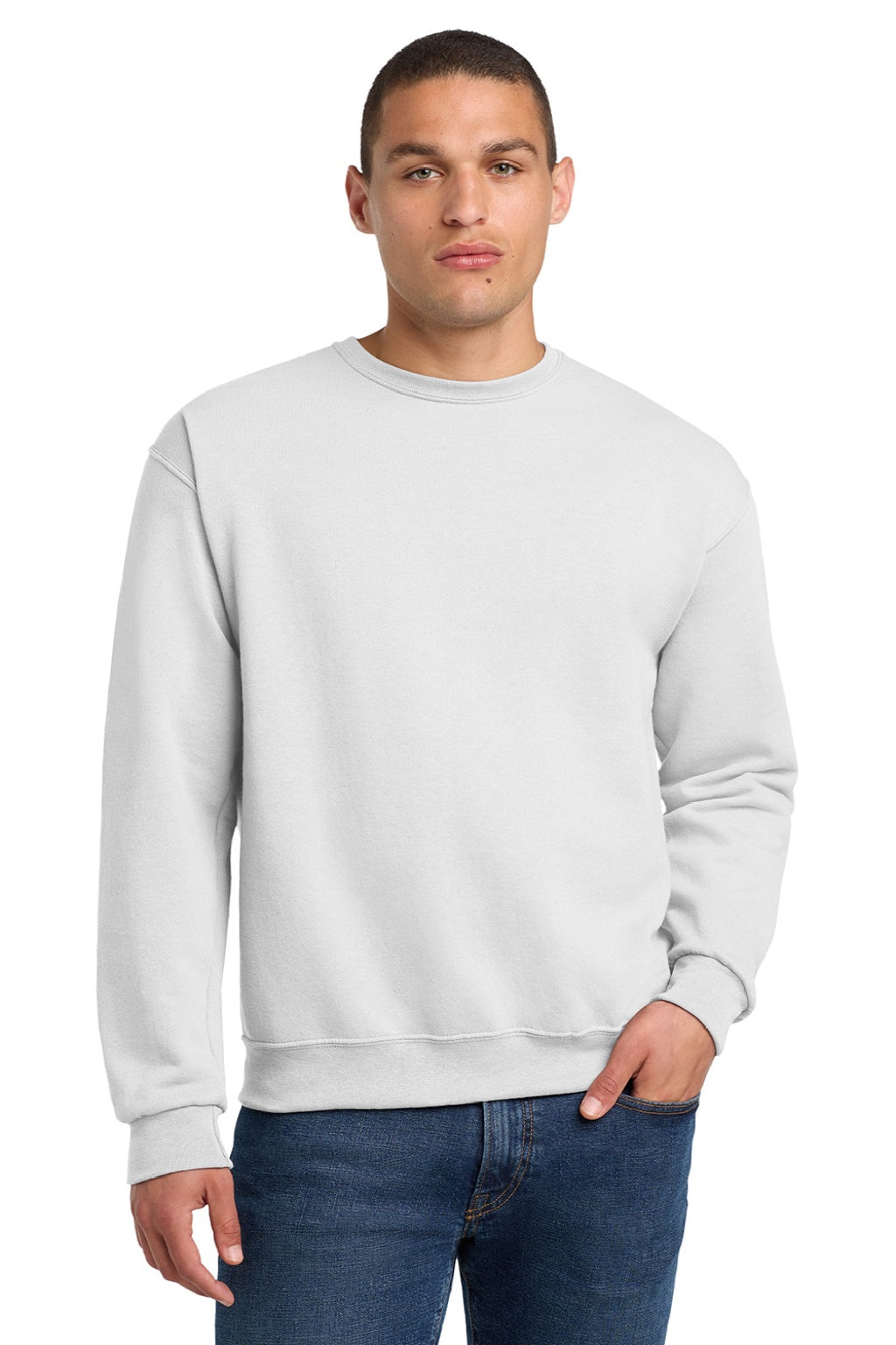 Jerzees 562M/562MR Mens NuBlend Fleece Crewneck Sweatshirt White Model Front