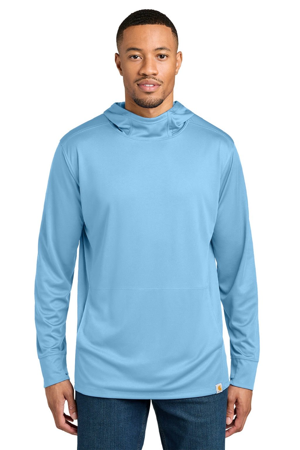 Carhartt CT106923 Mens Force Sun Defender Moisture Wicking Long Sleeve Hooded T-Shirt Hoodie w/ Pouch Pocket Fresh Water Blue Model Front