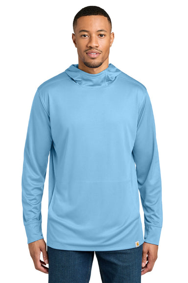 Carhartt CT106923 Mens Force Sun Defender Moisture Wicking Long Sleeve Hooded T-Shirt Hoodie w/ Pouch Pocket Fresh Water Blue Model Front