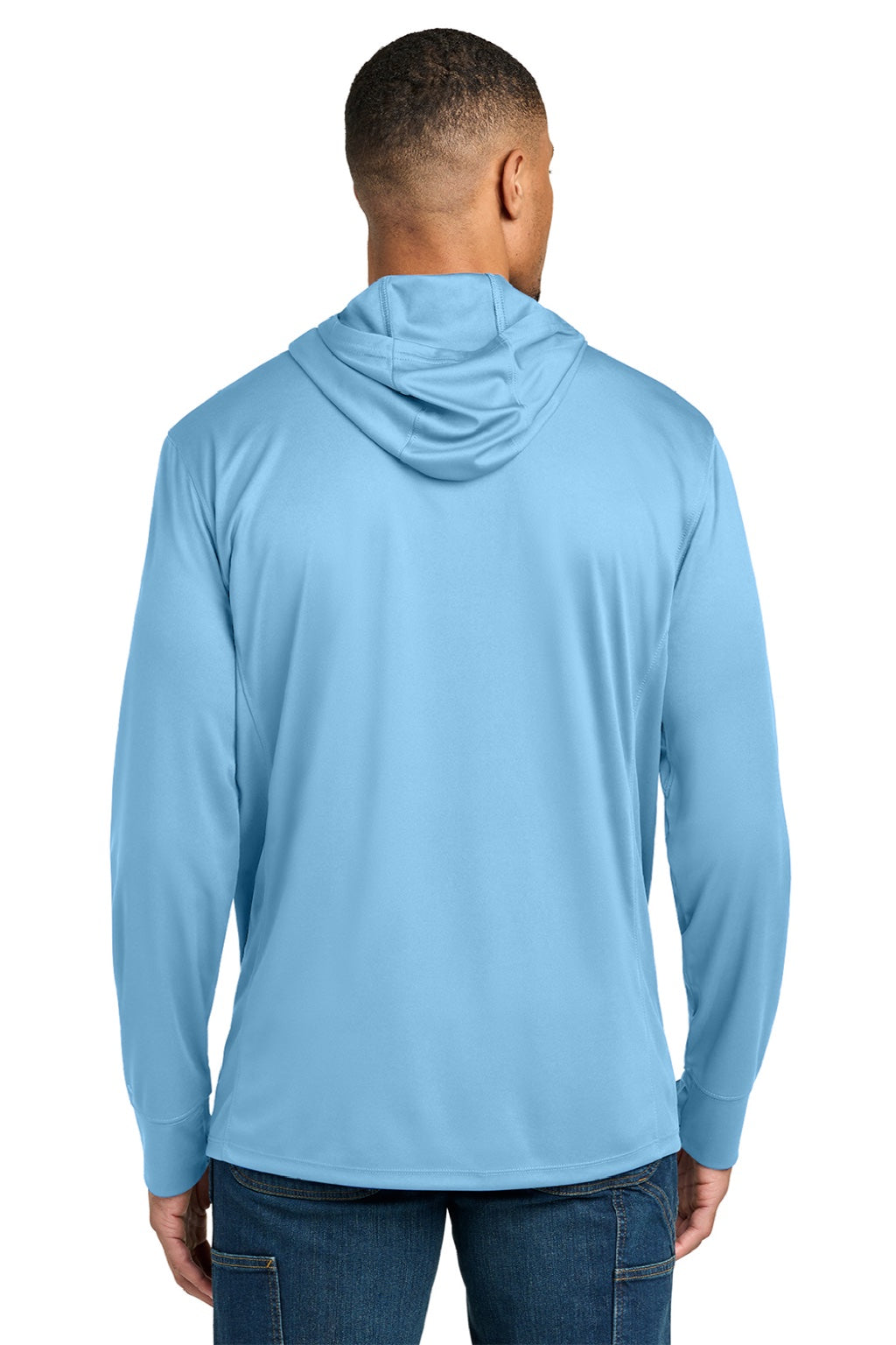 Carhartt CT106923 Mens Force Sun Defender Moisture Wicking Long Sleeve Hooded T-Shirt Hoodie w/ Pouch Pocket Fresh Water Blue Model Back
