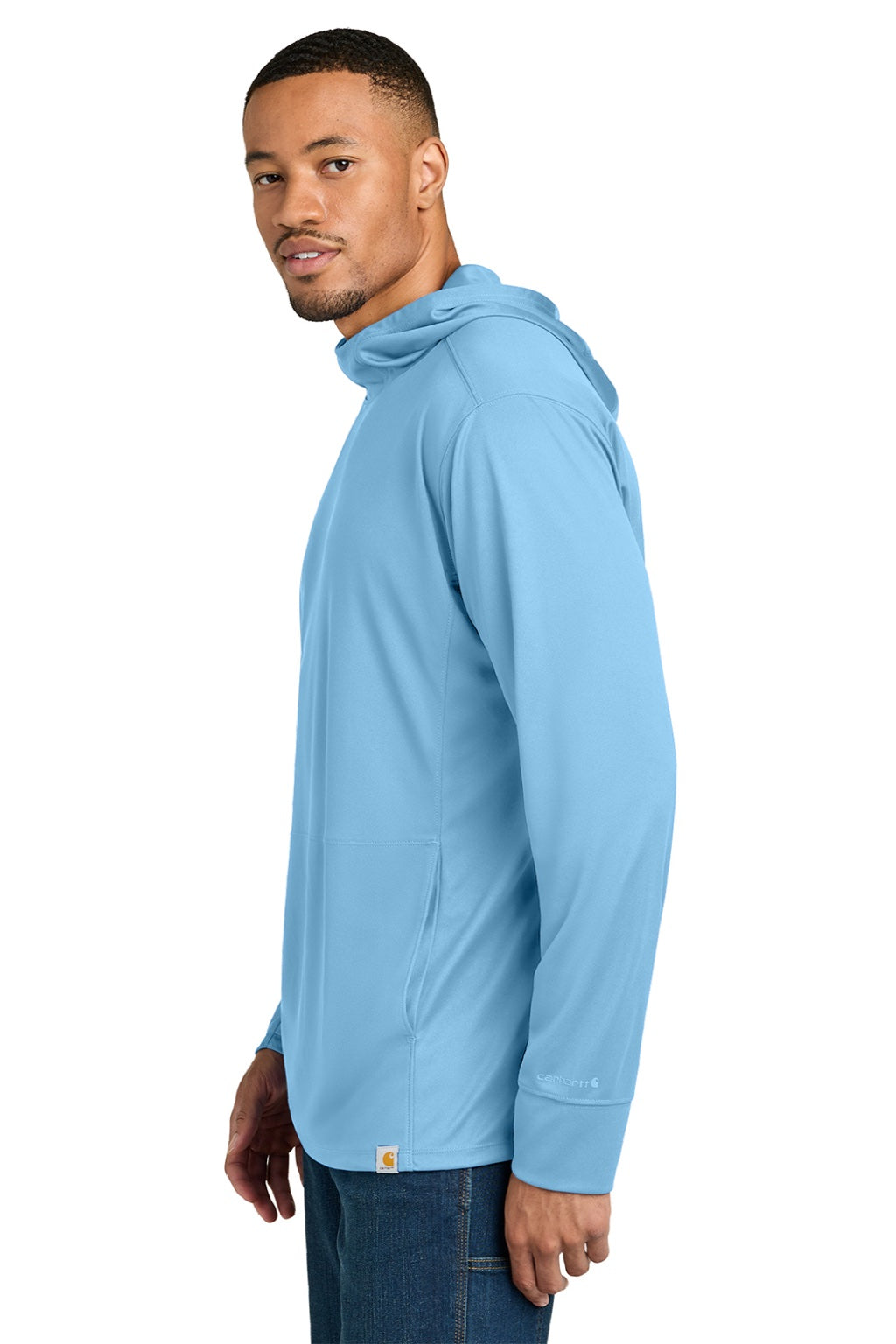 Carhartt CT106923 Mens Force Sun Defender Moisture Wicking Long Sleeve Hooded T-Shirt Hoodie w/ Pouch Pocket Fresh Water Blue Model Side