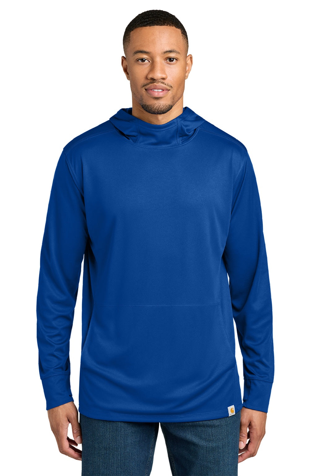 Carhartt CT106923 Mens Force Sun Defender Moisture Wicking Long Sleeve Hooded T-Shirt Hoodie w/ Pouch Pocket Royal Glass Blue Model Front