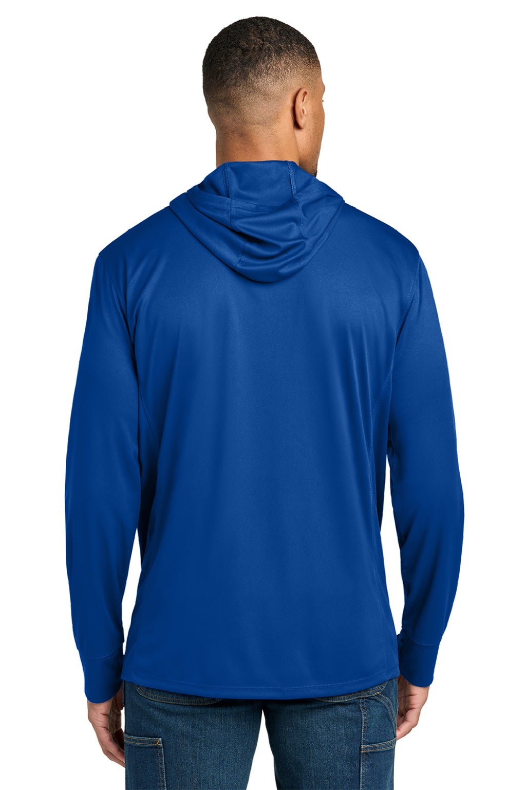 Carhartt CT106923 Mens Force Sun Defender Moisture Wicking Long Sleeve Hooded T-Shirt Hoodie w/ Pouch Pocket Royal Glass Blue Model Back