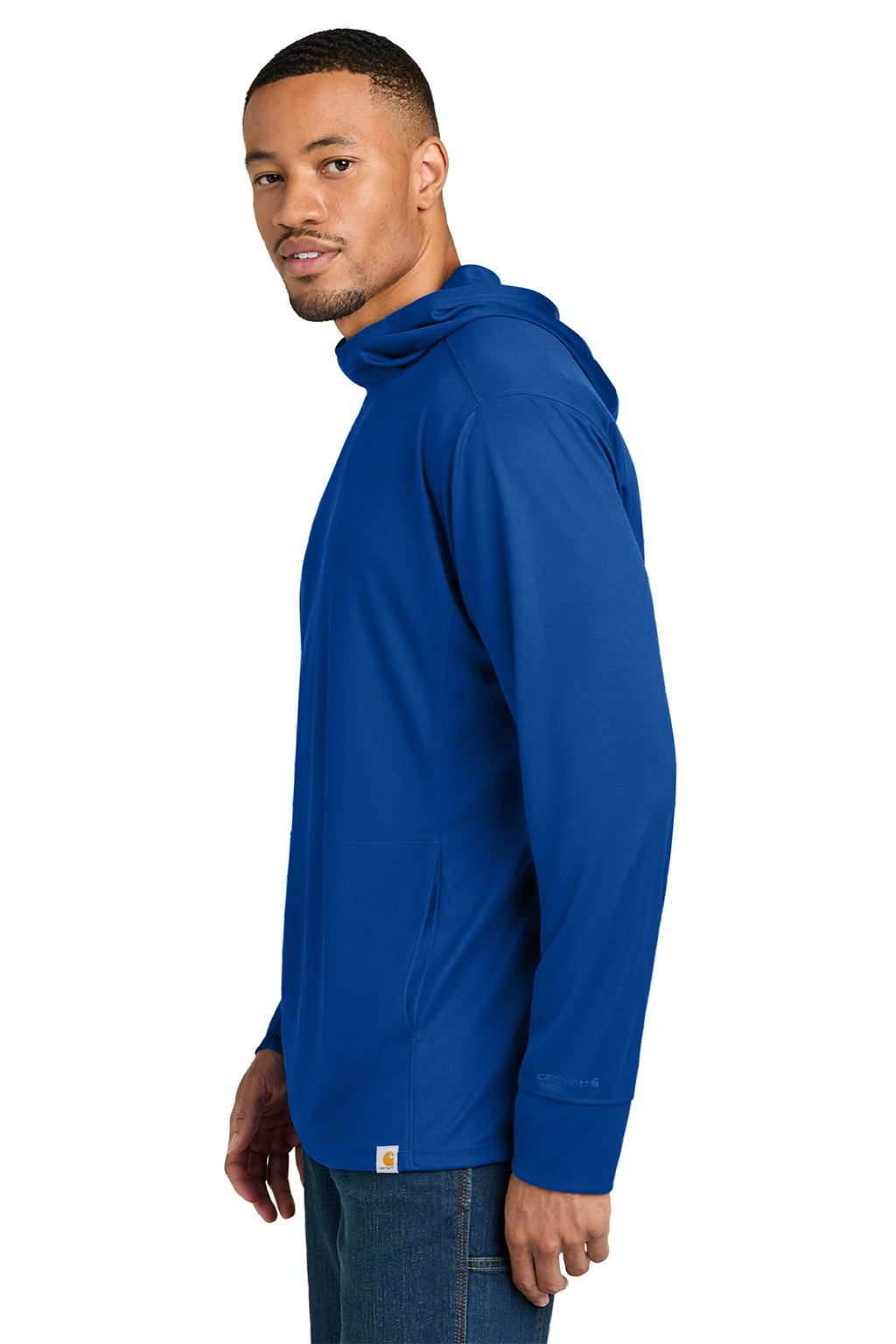 Carhartt CT106923 Mens Force Sun Defender Moisture Wicking Long Sleeve Hooded T-Shirt Hoodie w/ Pouch Pocket Royal Glass Blue Model Side