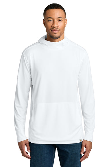 Carhartt CT106923 Mens Force Sun Defender Moisture Wicking Long Sleeve Hooded T-Shirt Hoodie w/ Pouch Pocket White Model Front