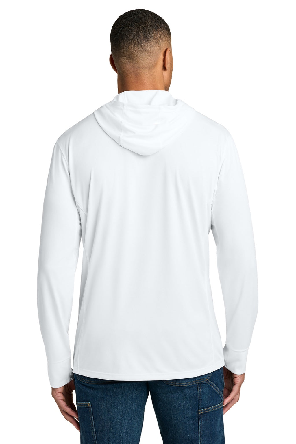 Carhartt CT106923 Mens Force Sun Defender Moisture Wicking Long Sleeve Hooded T-Shirt Hoodie w/ Pouch Pocket White Model Back