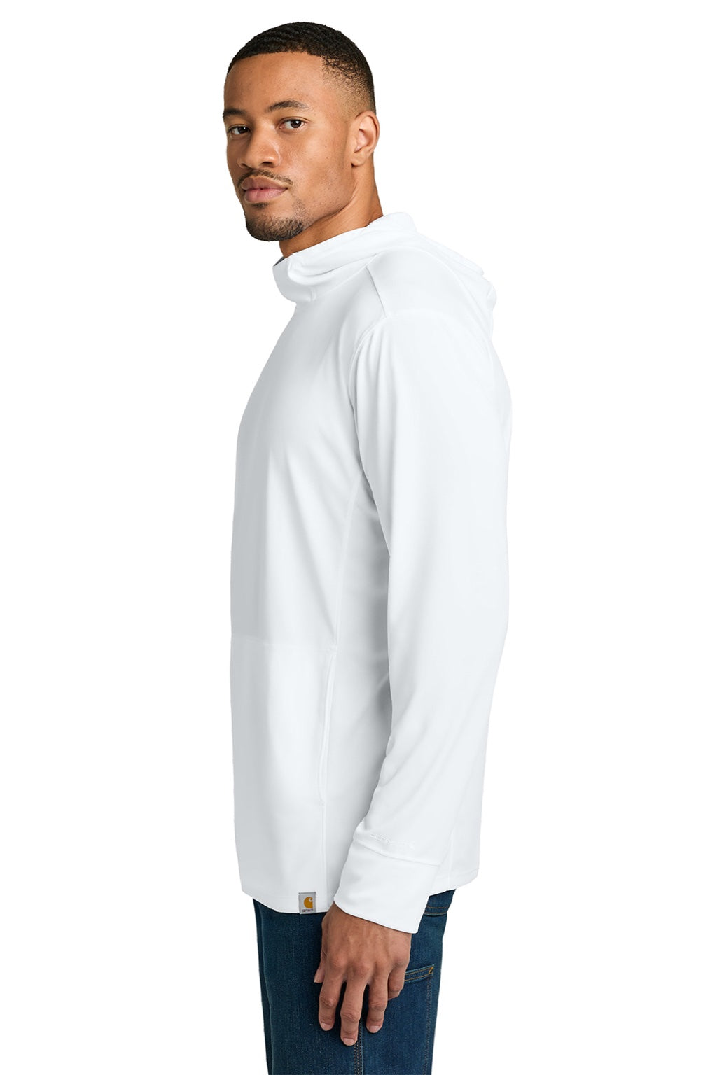 Carhartt CT106923 Mens Force Sun Defender Moisture Wicking Long Sleeve Hooded T-Shirt Hoodie w/ Pouch Pocket White Model Side