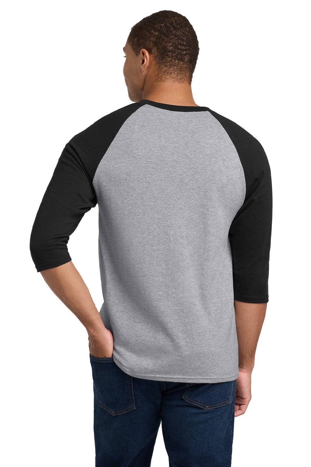 Gildan 5700 Mens 3/4 Sleeve Crewneck T-Shirt Sport Grey/Black Model Back