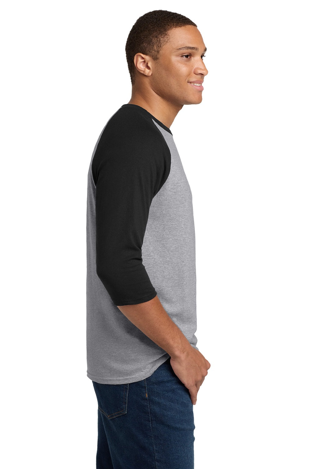 Gildan 5700 Mens 3/4 Sleeve Crewneck T-Shirt Sport Grey/Black Model Side