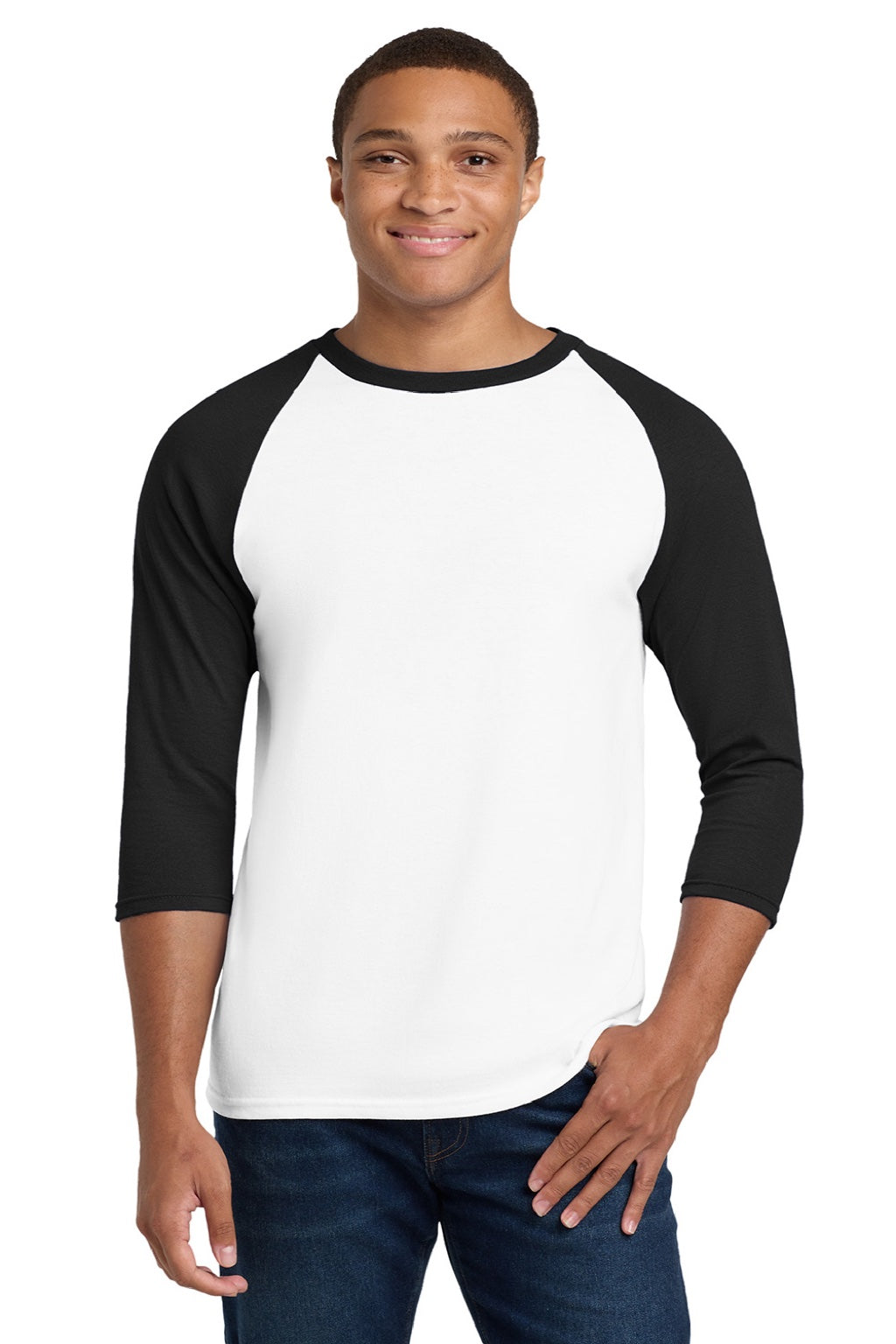 Gildan 5700 Mens 3/4 Sleeve Crewneck T-Shirt White/Black Model Front