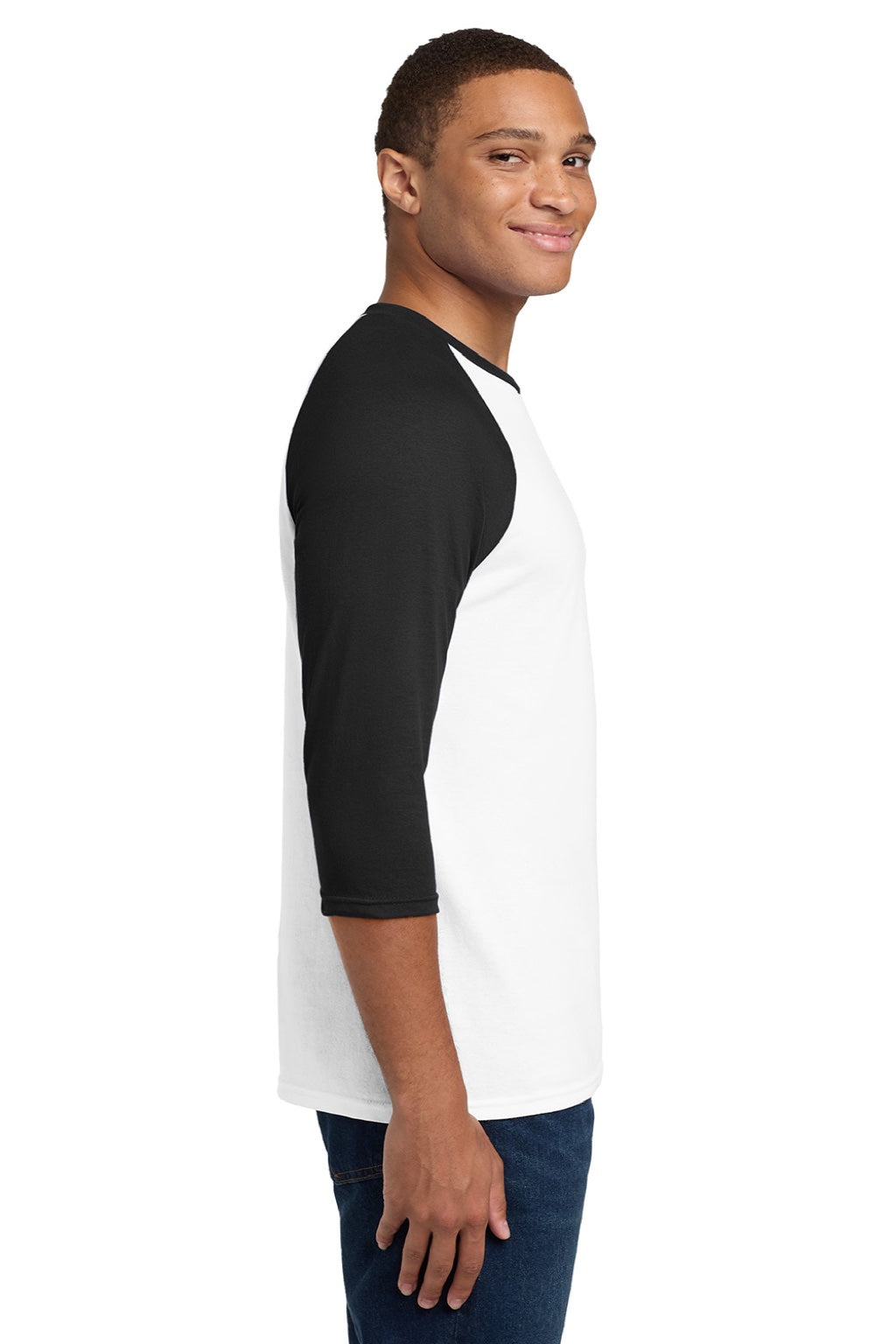 Gildan 5700 Mens 3/4 Sleeve Crewneck T-Shirt White/Black Model Side